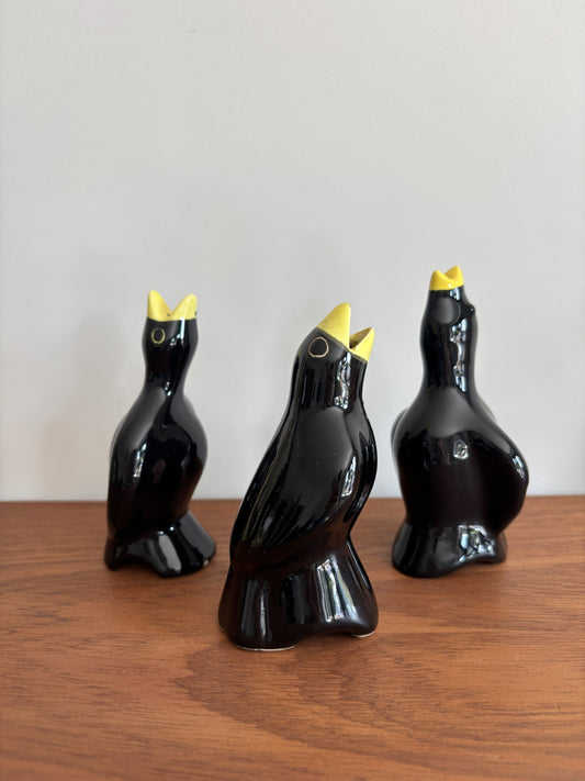 Vintage Blackbird Pie Funnels in  glossy black ceramic with yellow beak. 
