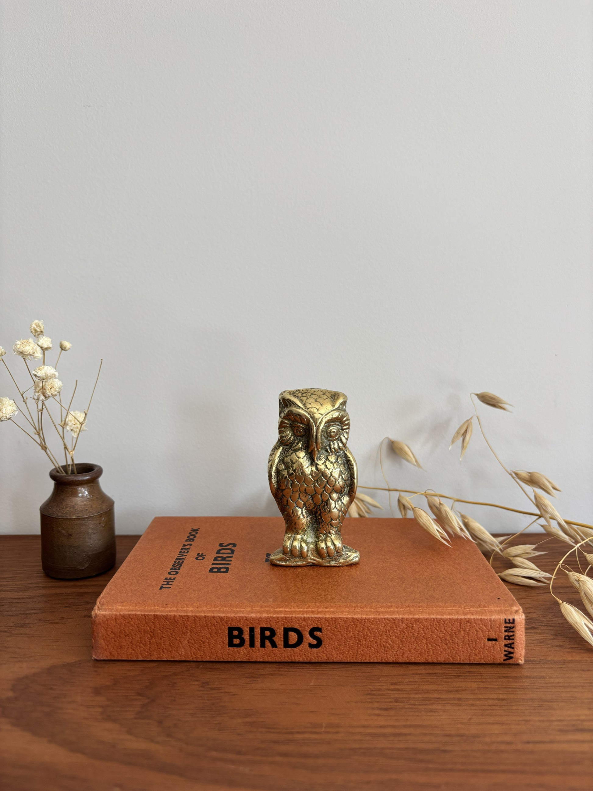 A small brass owl figurine in a gold finish sits centered on a brown book titled 'BIRDS' on a wooden table, with a small vase of dried flowers on the left and dried grass on the right against a plain light gray wall.
