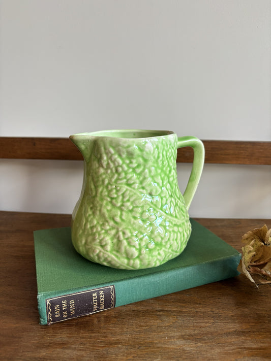 An English Majolica style green cabbage leaf textured jug.  
