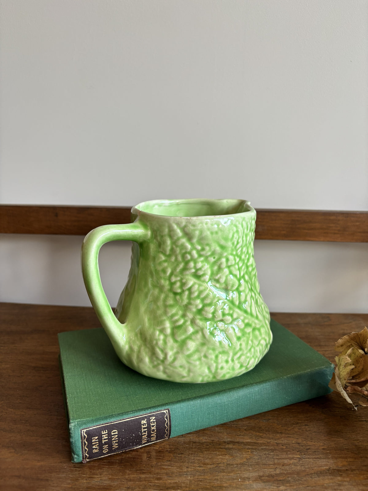 An English Majolica style green cabbage leaf textured jug.  