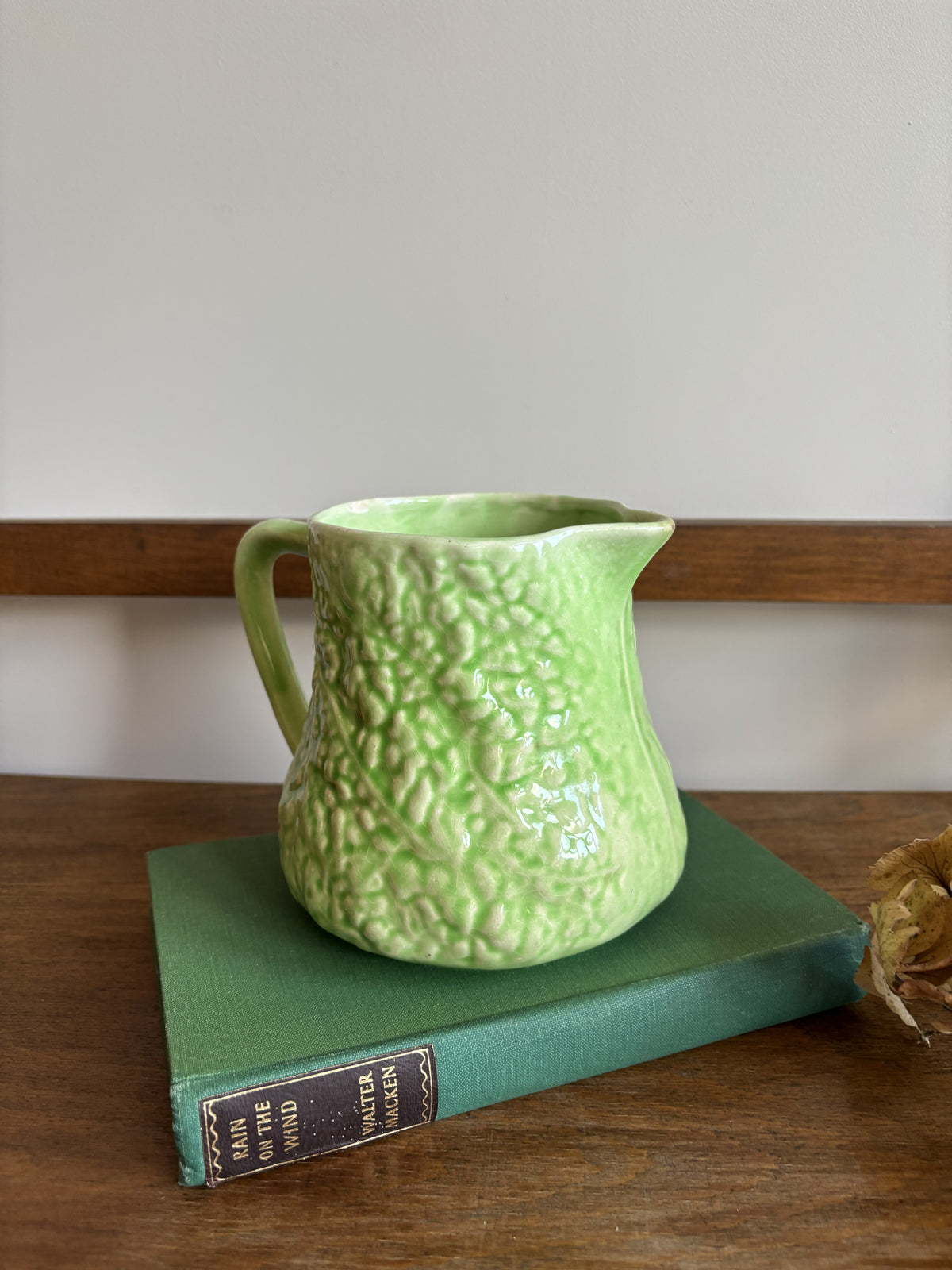 An English Majolica style green cabbage leaf textured jug.  
