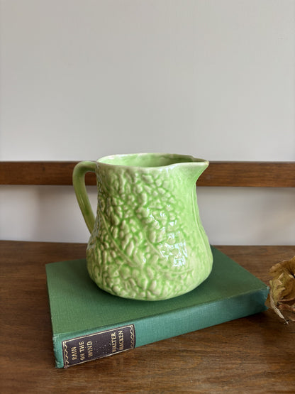 An English Majolica style green cabbage leaf textured jug.  
