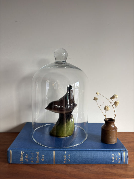 A small sculptural ceramic bird with a dark brown top and green base, displayed under a clear glass cloche on top of a blue book, with a small vase of dried flowers beside it against a plain light wall.