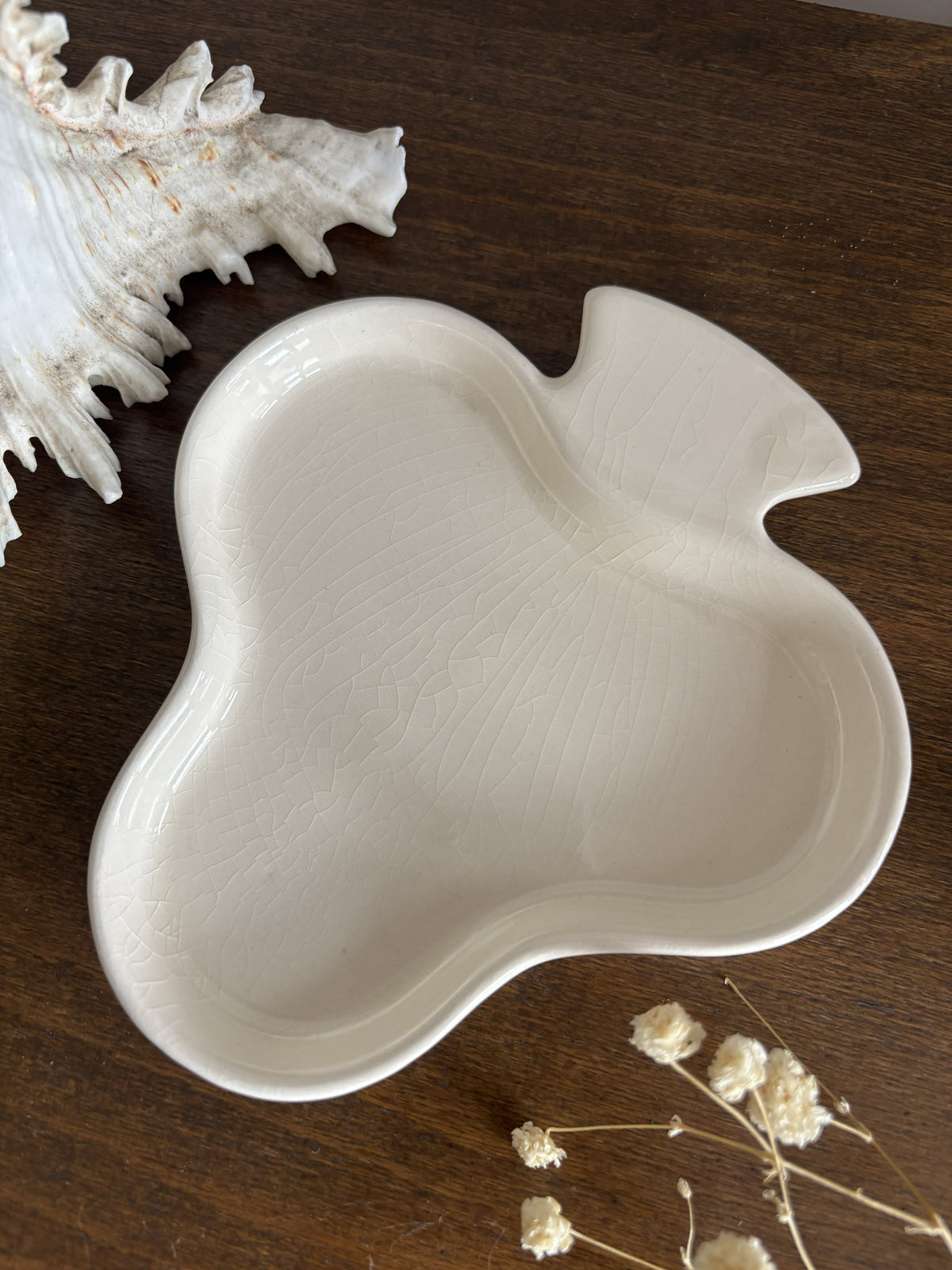 A clover shaped trinket dish holding  a butterfly necklace. The scene is styled on a dark wood surface with a white seashell and dried flowers.