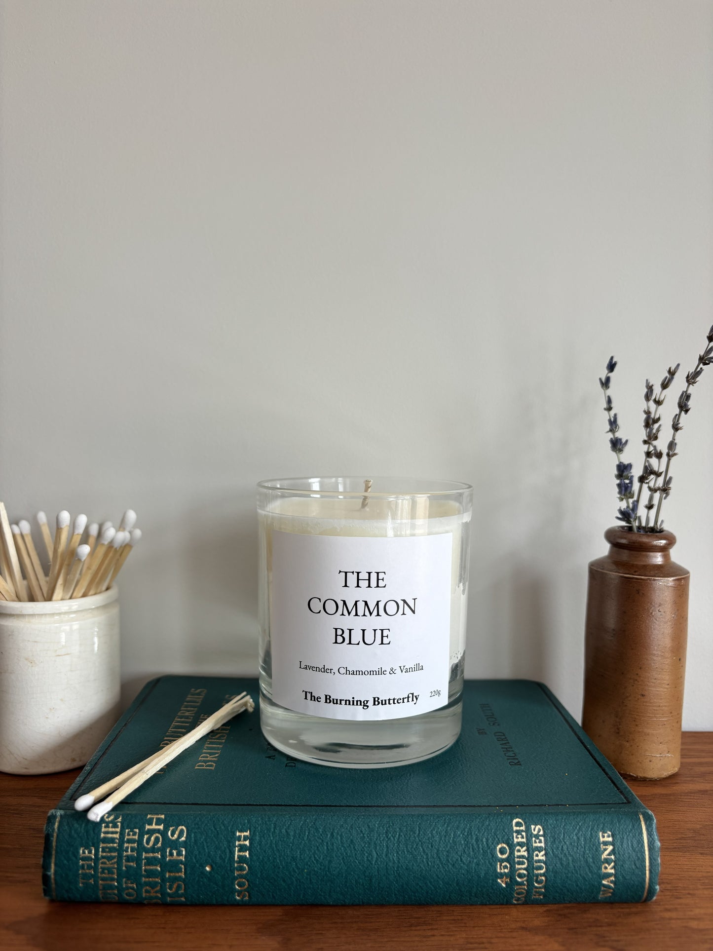 The Common Blue Scented Candle in clear glass - Lavender, Chamomile and Vanilla | The Burning Butterfly