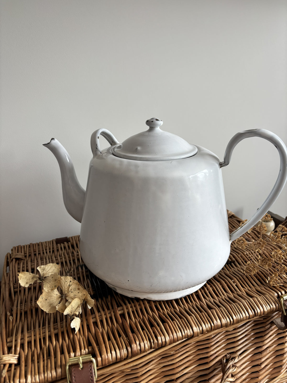 A white enamel teapot with a rounded body, curved handle, and spout, displayed on top of a brown woven wicker trunk against a plain light gray wall.