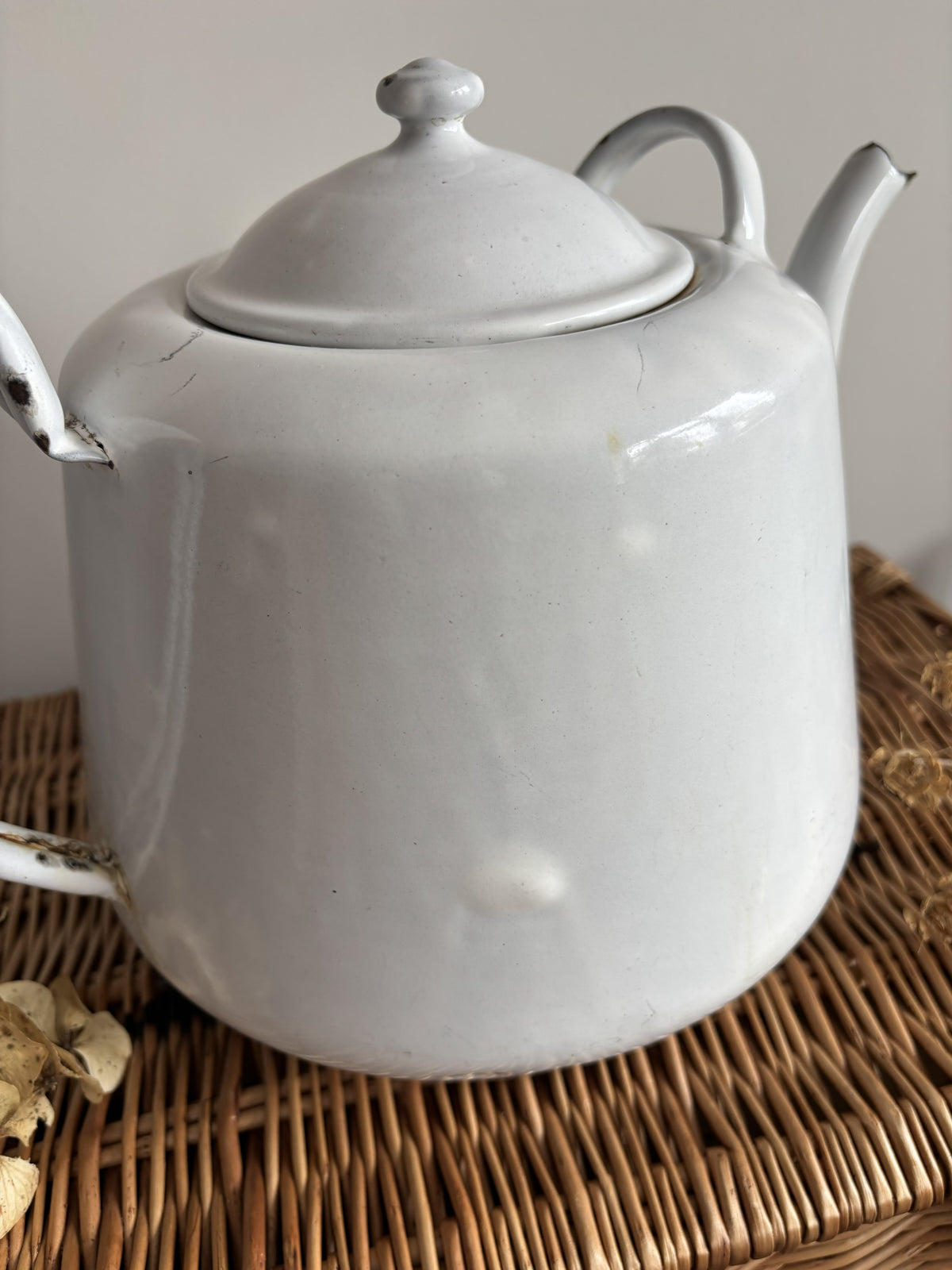 A white enamel teapot with a rounded body, curved handle, and spout, displayed on top of a brown woven wicker trunk against a plain light gray wall.