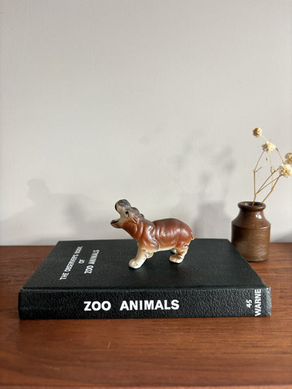 A small brown and white hippopotamus figurine stands on top of a black book titled 'ZOO ANIMALS' on a wooden surface, with a small vase of dried stems against a plain wall in the background.