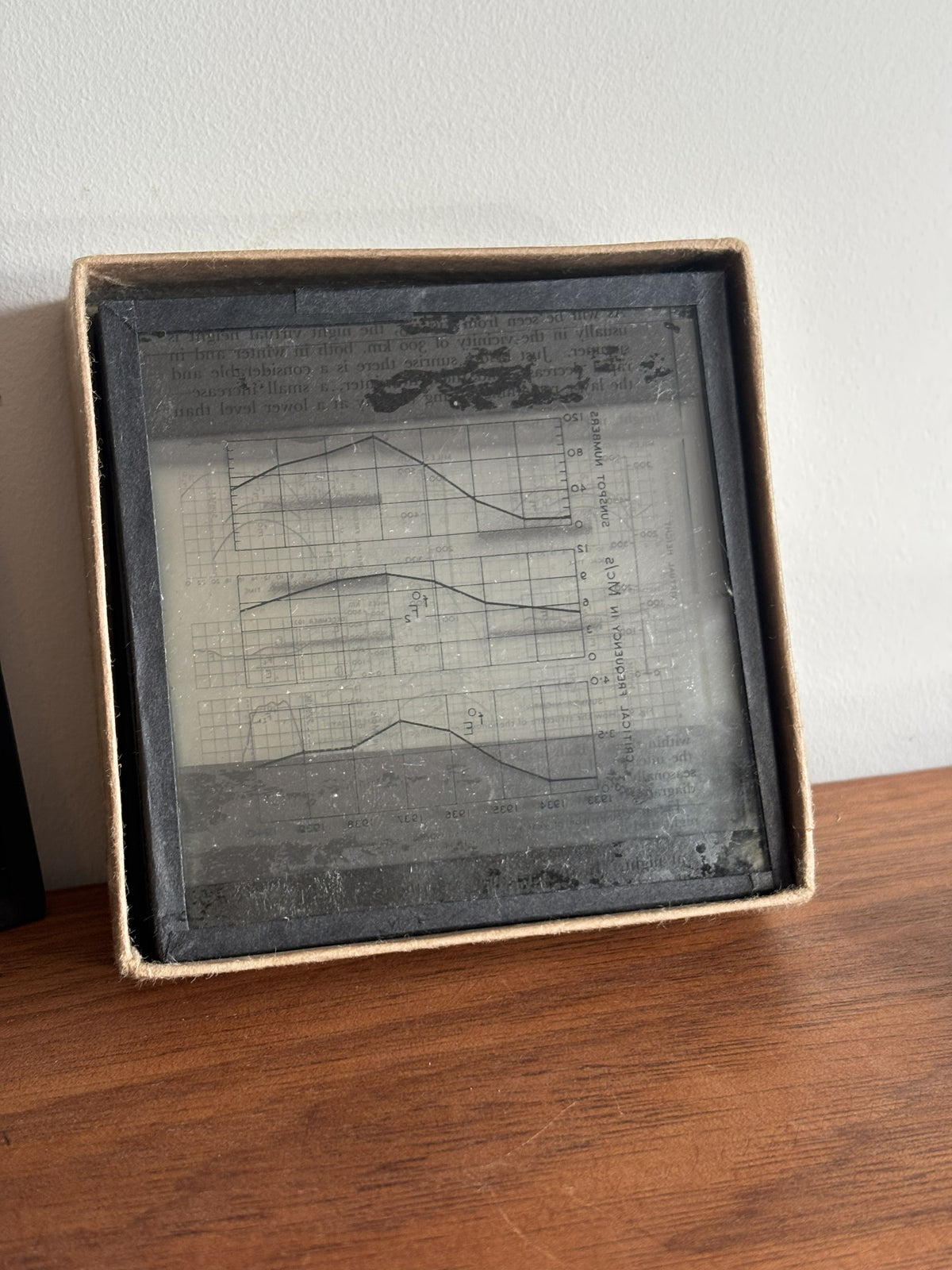 A square vintage lantern plate in a cardboard box, resting on a wooden surface against a plain wall.