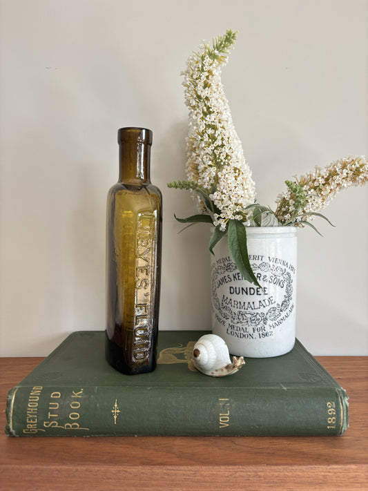 A styled tabletop scene with a tall amber Jeyes' Fluid glass bottle standing on a dark green book, next to a white ceramic jar labeled Dundee Marmalade with white flowers in it
