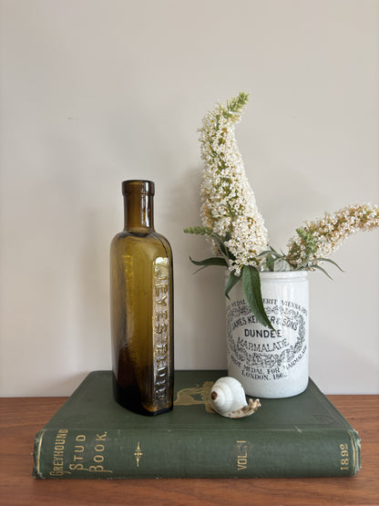 A styled tabletop scene with a tall amber Jeyes' Fluid glass bottle standing on a dark green book, next to a white ceramic jar labeled Dundee Marmalade with white flowers in it