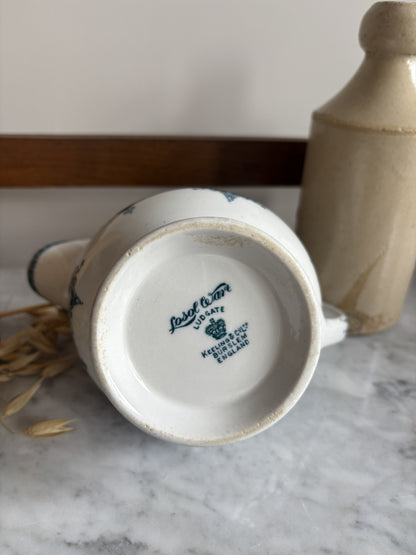 The bottom of a white and blue Ludgate by Keeling & Co vintage jug showing the makers mark.  