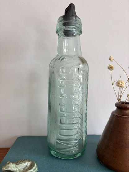 A vintage embossed glass bottle with a black stopper, displayed on a teal book next to a small brown ceramic vase with dried flowers.  The words Morgans and Norwich are embossed on the sides. 
