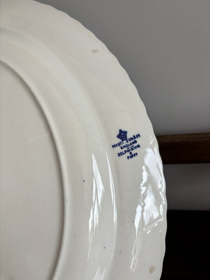 Close-up of a white ceramic plate showing the blue printed 'Myott Sons Co England Delphinium & Poppy' words