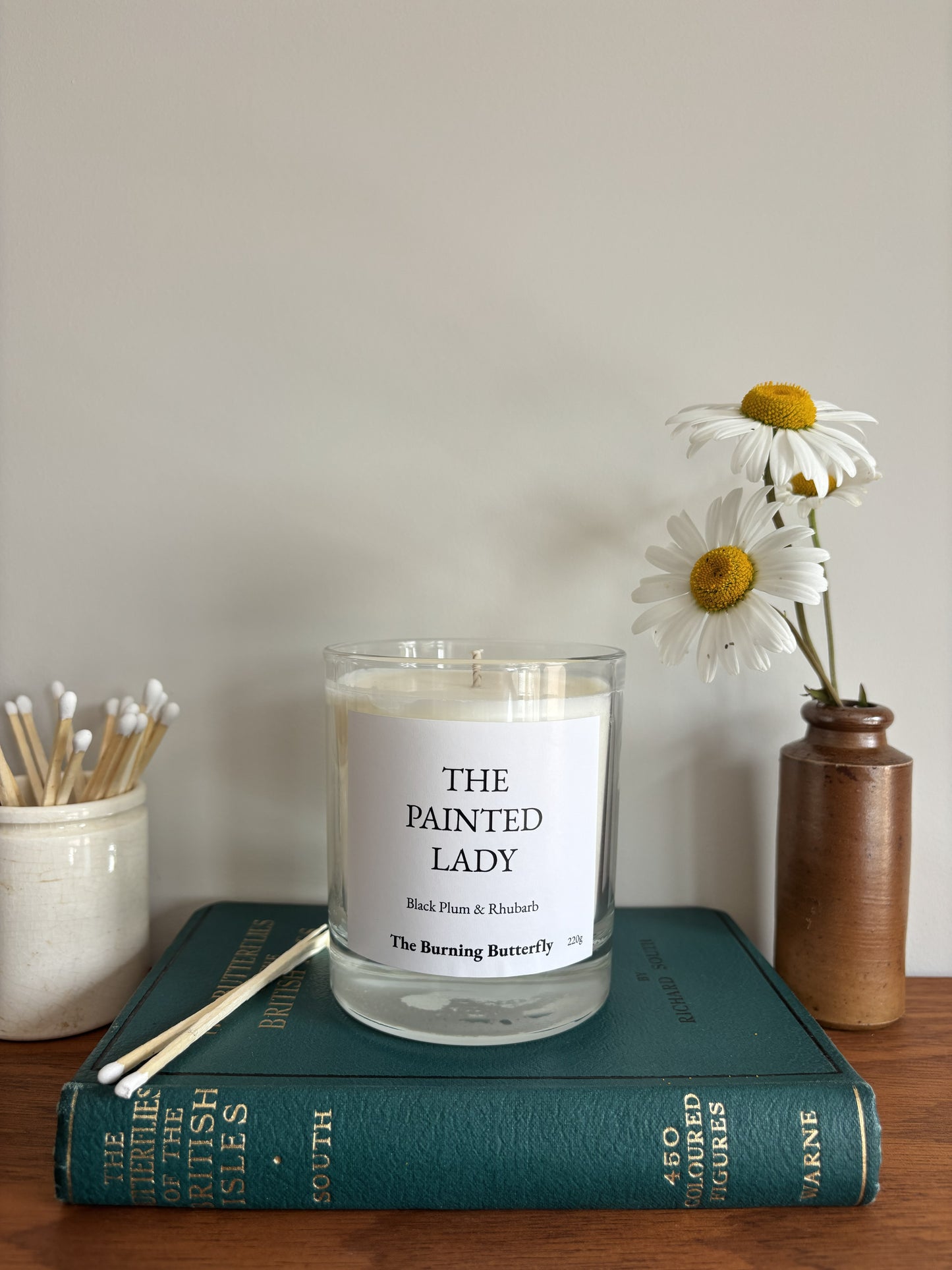 The Painted Lady Scented Candle in clear glass - Black Plum and Rhubarb | The Burning Butterfly