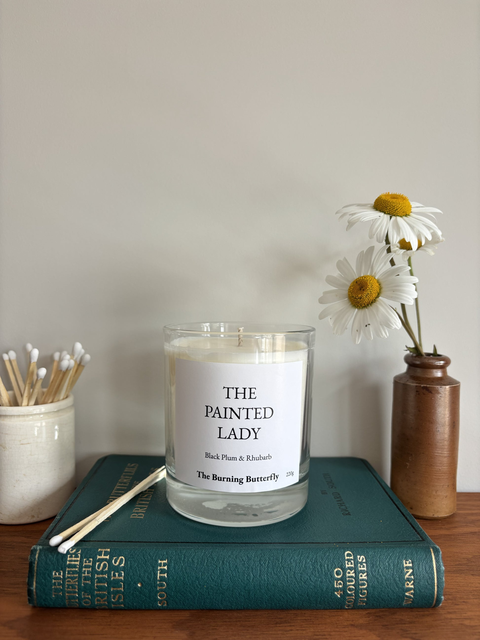 The Painted Lady Scented Candle in clear glass - Black Plum and Rhubarb | The Burning Butterfly