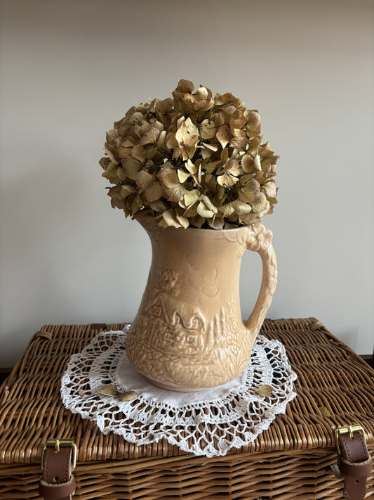 Vintage Price Bros art deco style beige jug with a cottage and floral 3D mould
