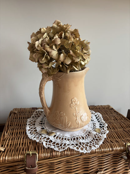 Vintage Price Bros art deco style beige jug with a cottage and floral 3D mould