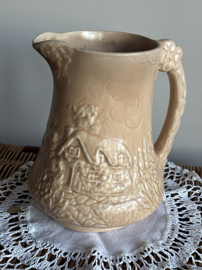 Vintage Price Bros art deco style beige jug with a cottage and floral 3D mould