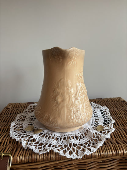 Vintage Price Bros art deco style beige jug with a cottage and floral 3D mould
