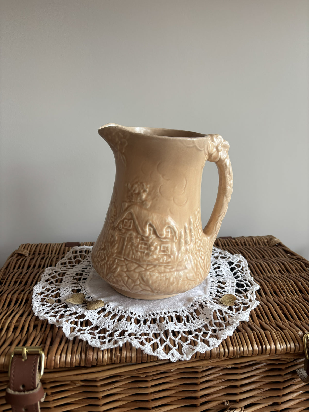 Vintage Price Bros art deco style beige jug with a cottage and floral 3D mould