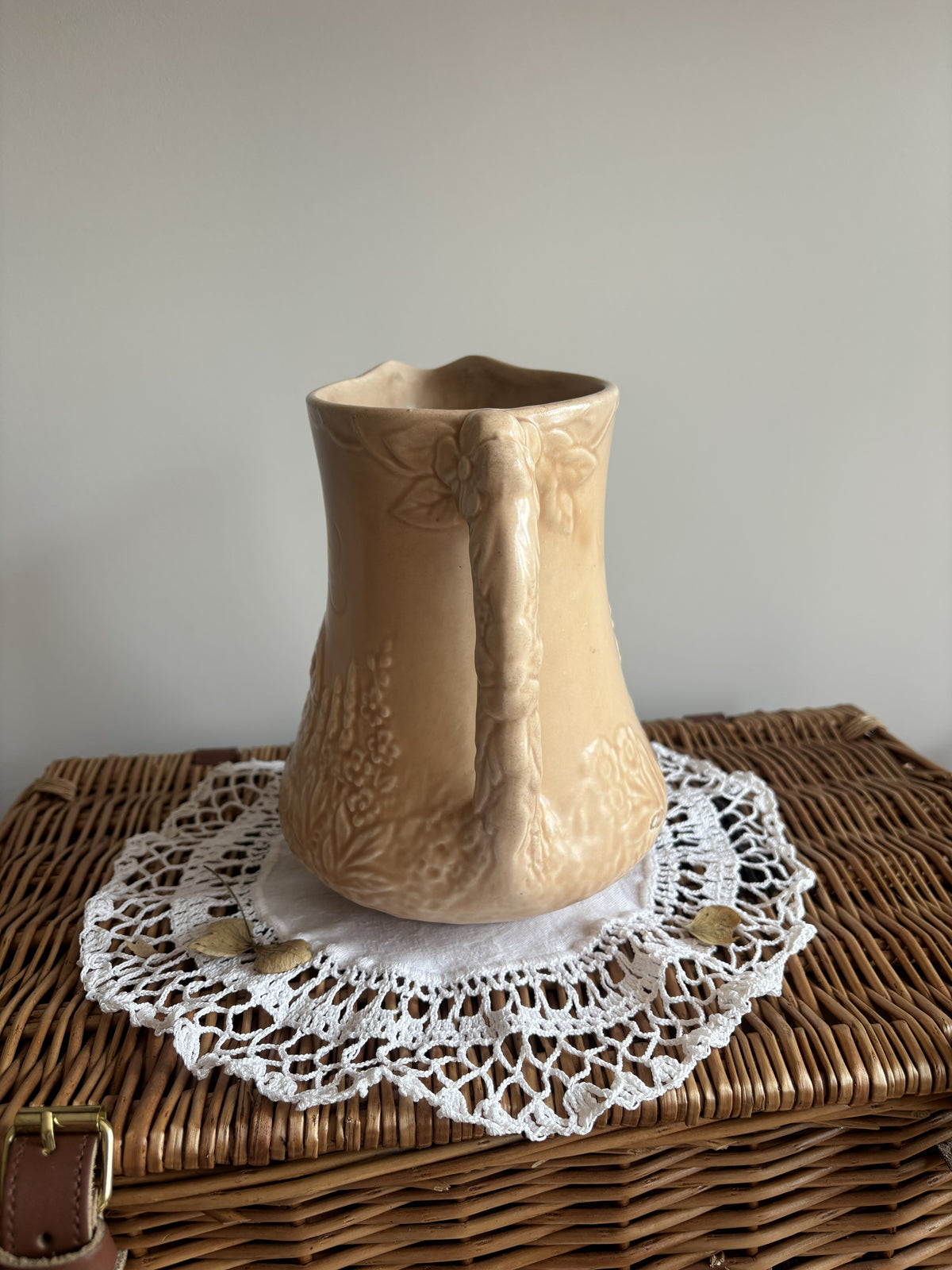 Vintage Price Bros art deco style beige jug with a cottage and floral 3D mould