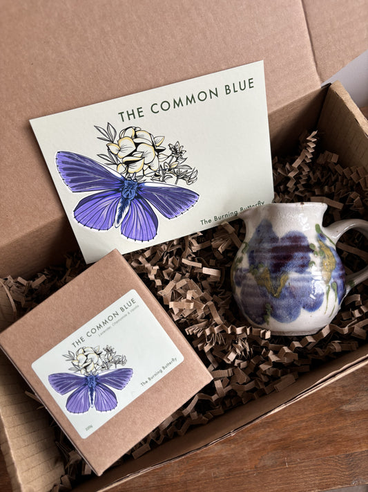 A gift box from The Burning Butterfly containing The Common Blue candle in a kraft gift box, a small blue and white bud vase and The Common Blue butterfly A6 postcard. 