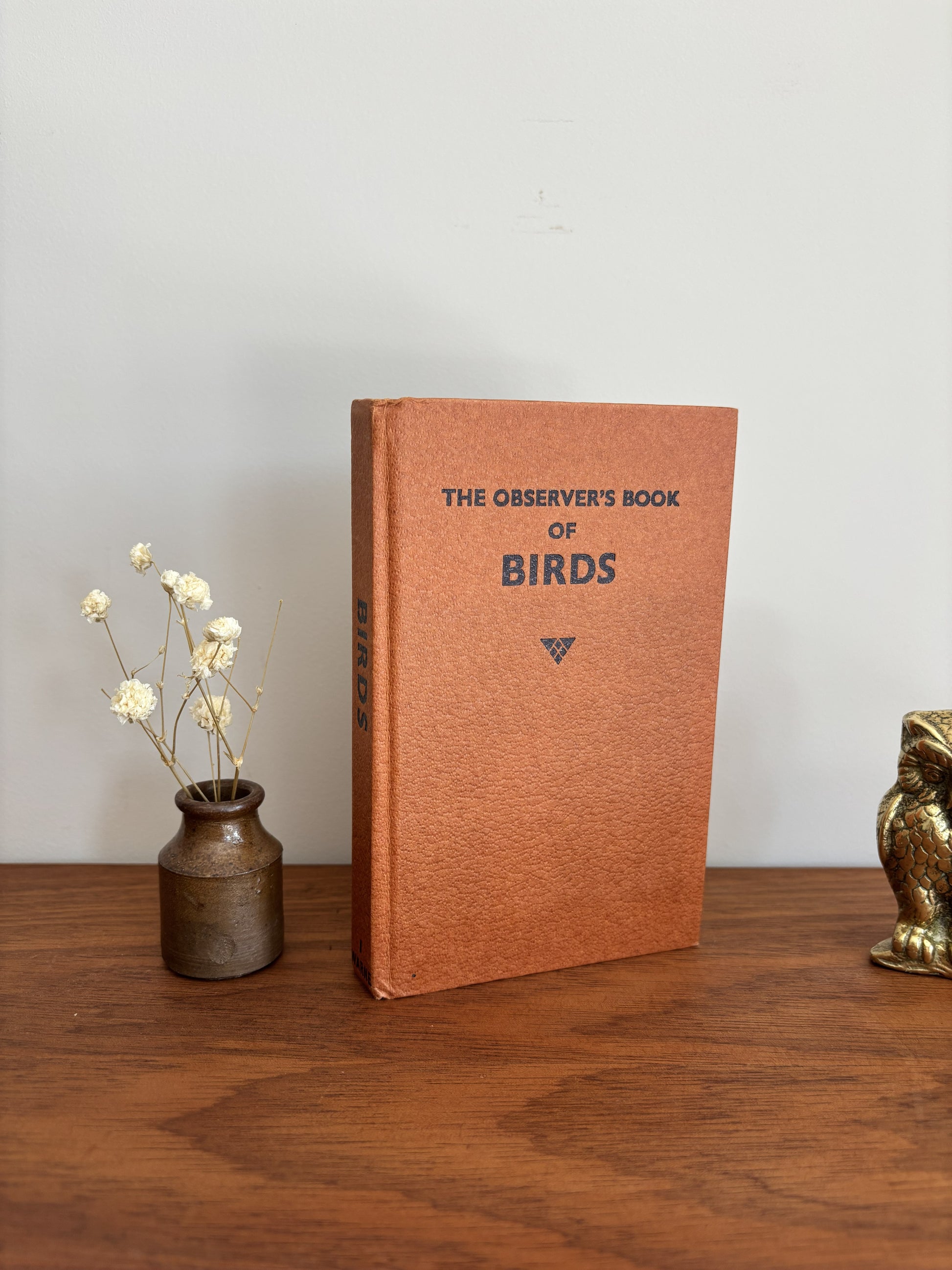 The Observer's Book of Birds book with a textured orange-brown cover standing on a wooden table, flanked by a small vase of dried flowers on the left and a brass owl figurine on the right, against a plain light gray wall.