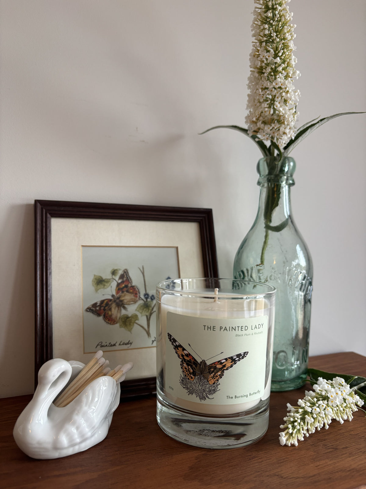 The Painted Lady Scented Candle in clear glass - Black Plum and Rhubarb | The Burning Butterfly