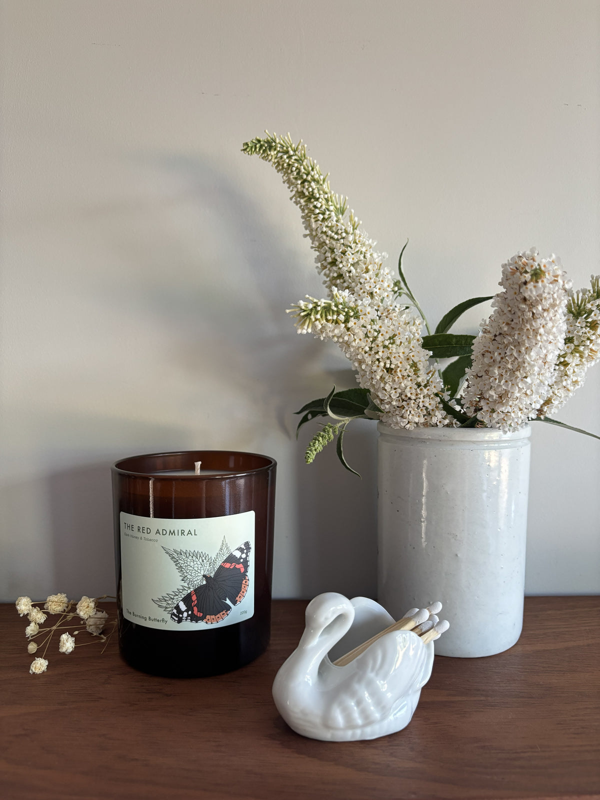 The Red Admiral Scented Candle in amber glass - Dark Honey and Tobacco | The Burning Butterfly