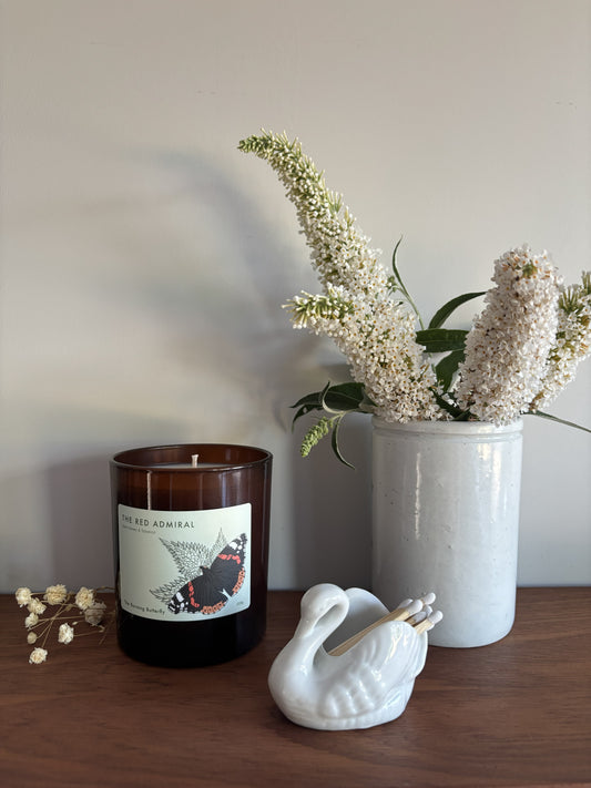 The Red Admiral Scented Candle in amber glass - Dark Honey and Tobacco | The Burning Butterfly