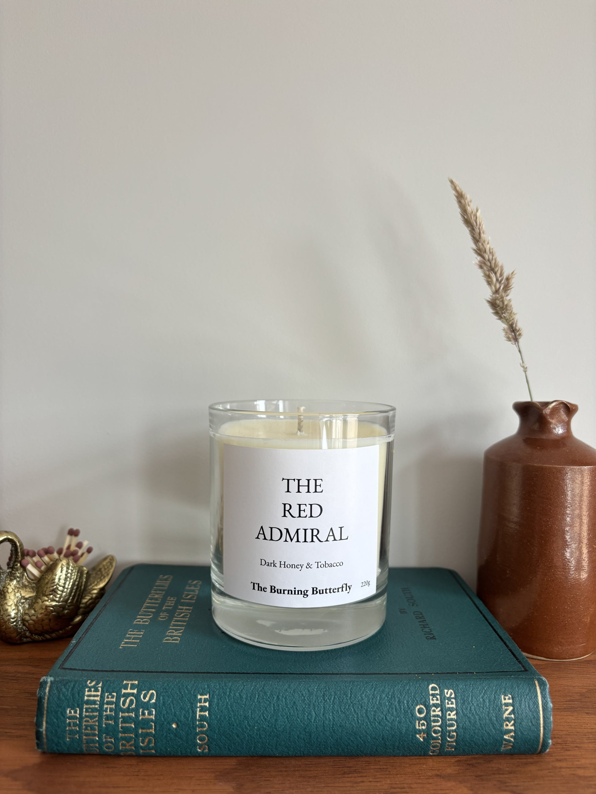 The Red Admiral Scented Candle in clear glass - Dark Honey and Tobacco | The Burning Butterfly