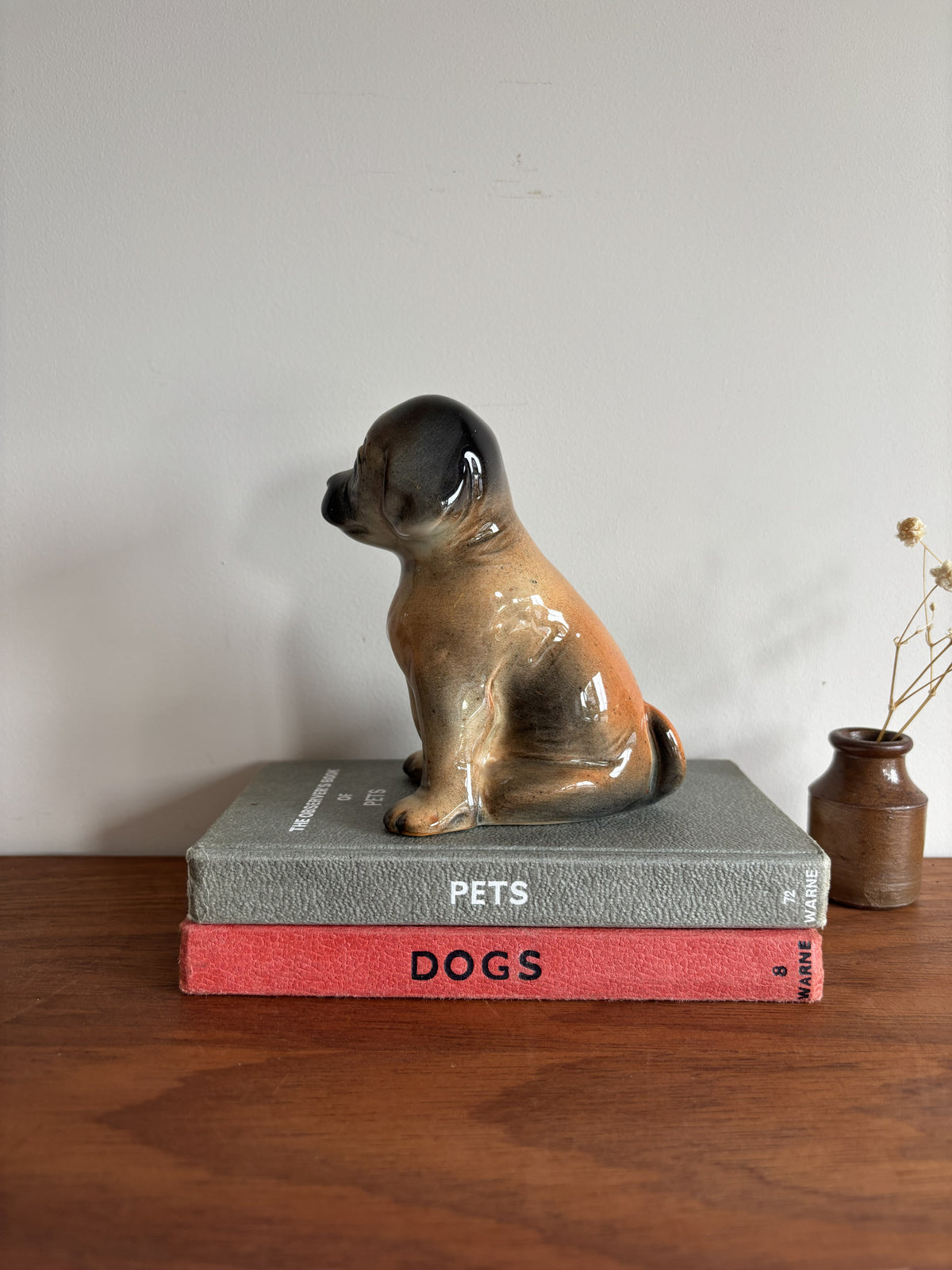 A glossy ceramic puppy dog figurine in tan, brown, and black sits on top of two stacked books on a wooden surface against a plain wall.