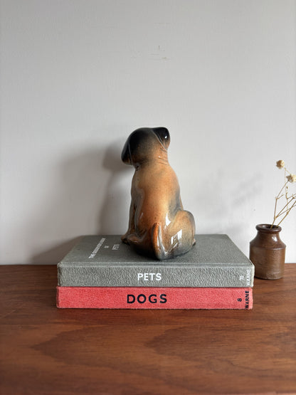 A glossy ceramic puppy dog figurine in a sitting position, displayed on top of two stacked books on a wooden surface against a plain wall.