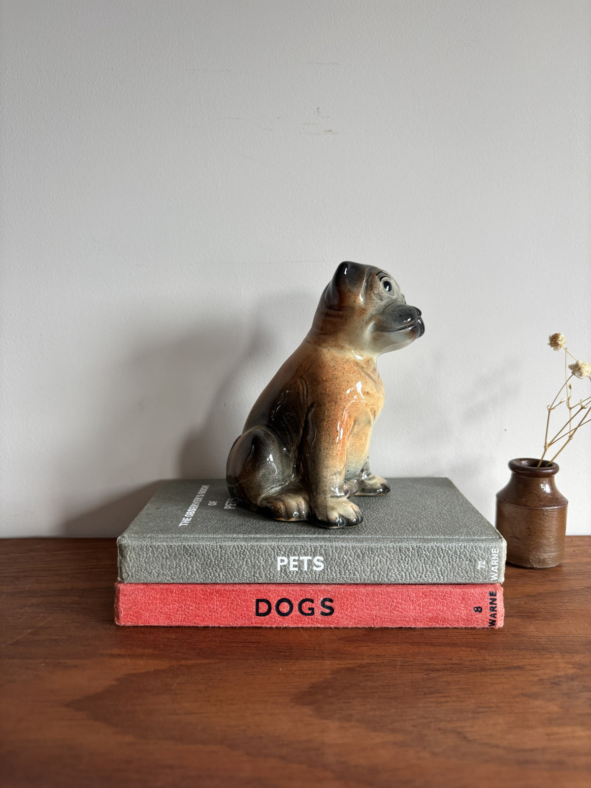 A glazed ceramic puppy dog figurine in brown, black, and tan sits on top of two books titled 'PETS' and 'DOGS' on a wooden table, with a small vase of dried stems to the right.