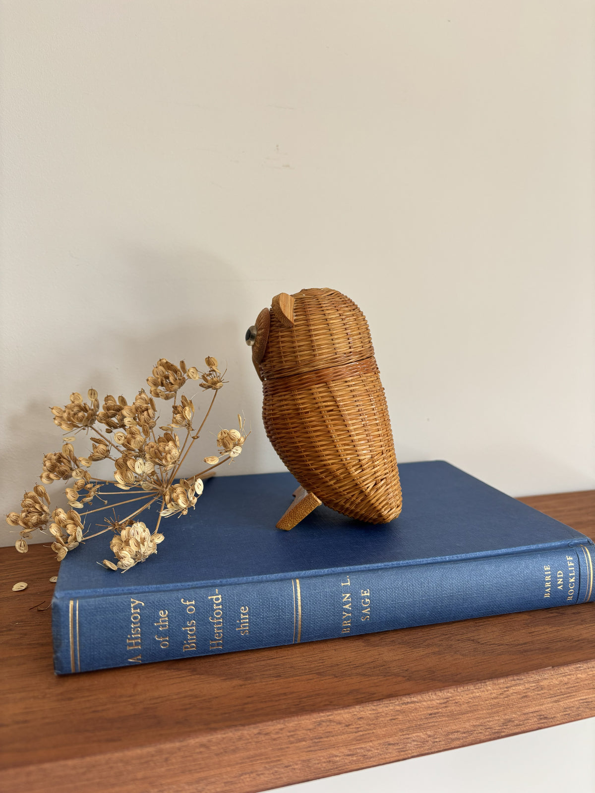 A small woven owl wicker basket in natural wood sits on top of a blue hardcover book, with dried flowers beside it on a wooden surface against a plain light wall.