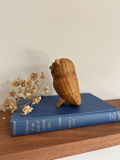 A small woven owl wicker basket in natural wood sits on top of a blue hardcover book, with dried flowers beside it on a wooden surface against a plain light wall.