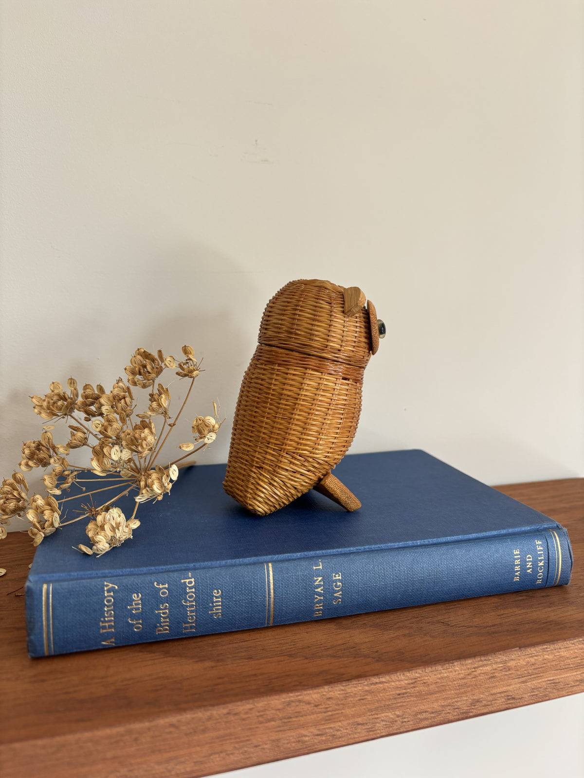 A small woven owl-shaped basket in natural wicker sits on top of a blue hardcover book, with dried flowers beside it on a wooden surface against a plain light wall.