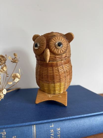 A small woven owl figurine with large round eyes and a wooden stand, displayed on top of a blue book with dried flowers at the side.