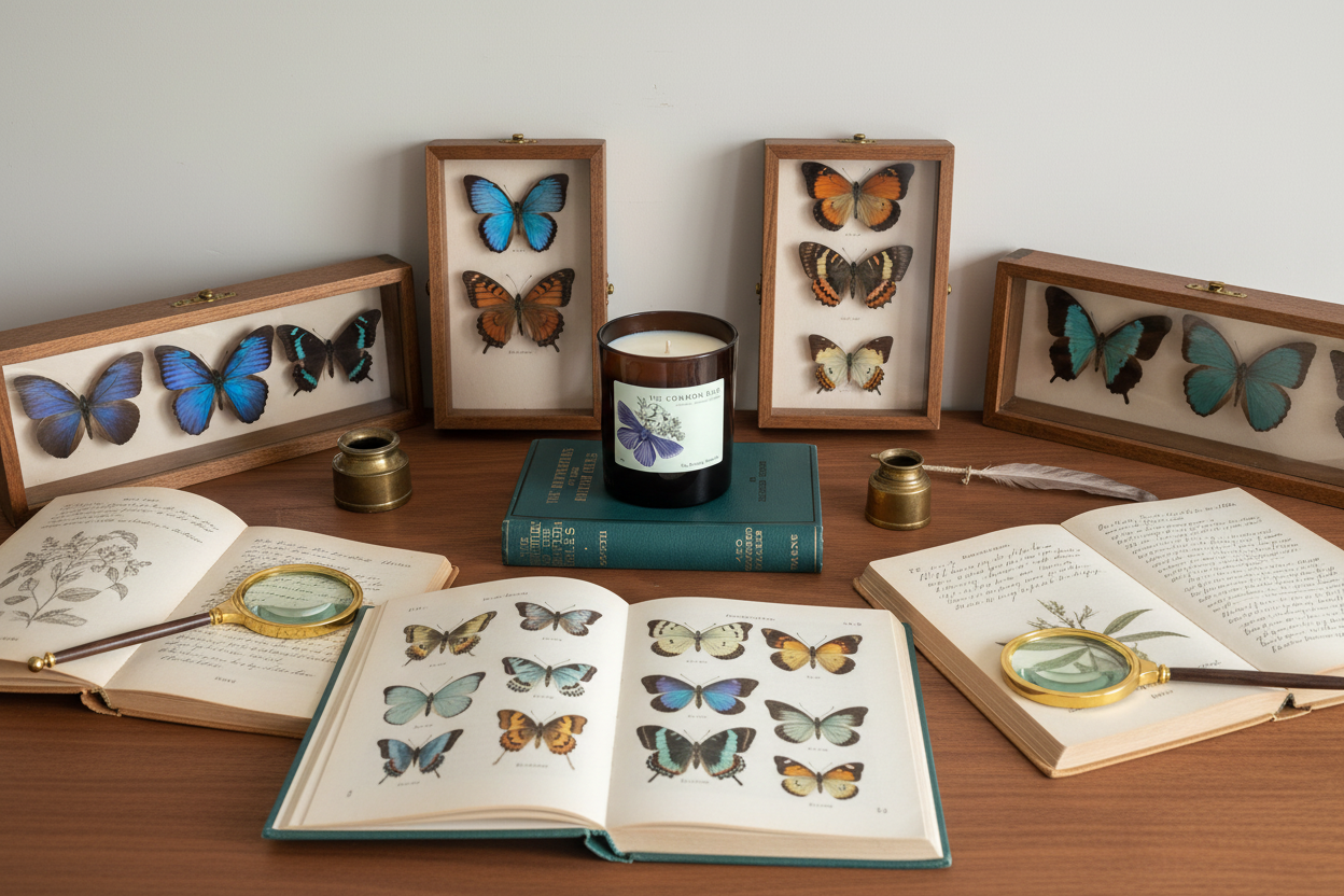 A styled tabletop arrangement featuring multiple framed butterfly taxidermy specimens, open vintage-style books with butterfly illustrations, magnifying glasses, brass ink bottles, and a The Burning Butterfly candle in the center on a wooden surface against a plain light wall.